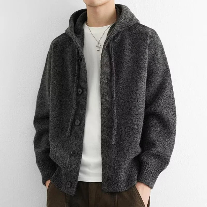Neue lässige Luxus Strickjacke mit Kapuze für Herren Koreanische Mode Lockerer Cardigan mit Knopfleiste Y2K Vintage Streetwear Strickwaren Mantel