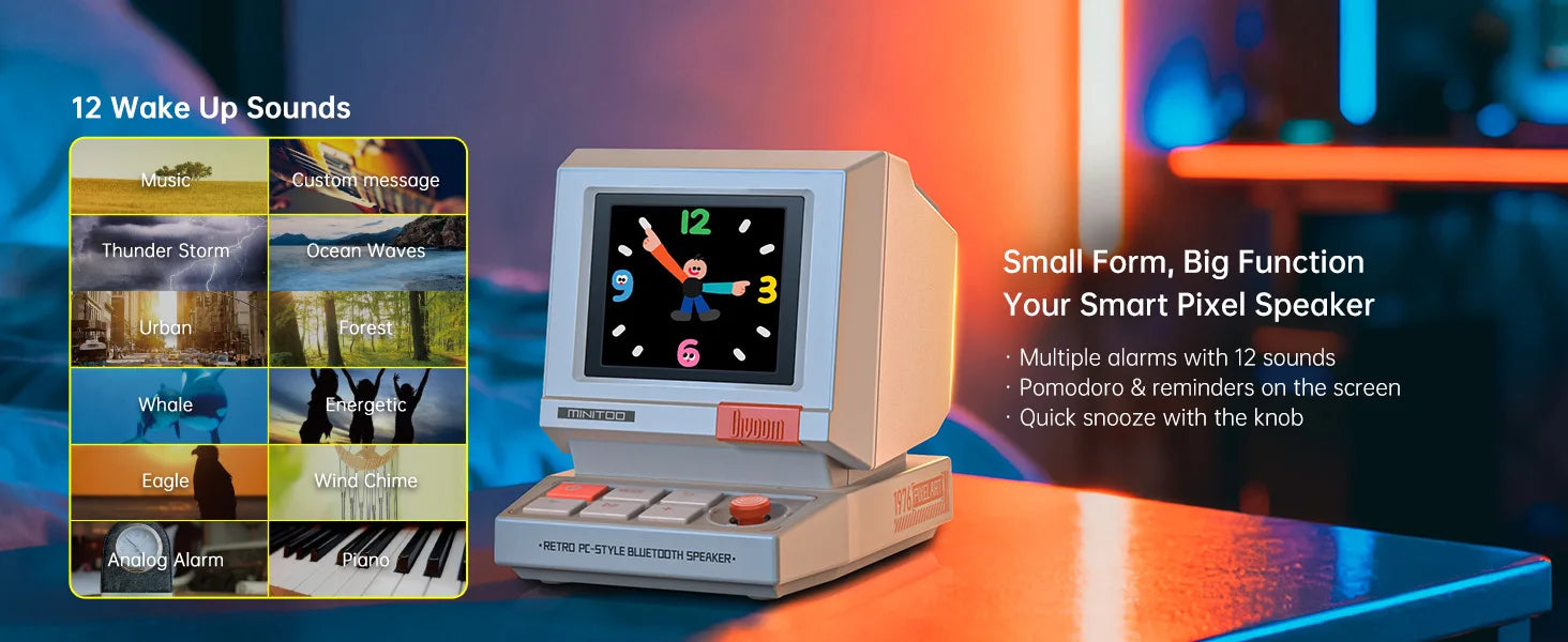 Divoom MiniToo Retro Bluetooth-Lautsprecher Tragbarer Pixel-Display-Musikbox Retro-Computer-Stil Lautsprecher Geschenk