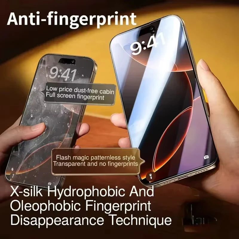 Staubfrei Installierbares Gehärtetes Glas für iPhone 16 15 14 Plus 17 Pro Max Air 13 12 Mini 11 XR XS Oleophobe Beschichtung Displayschutzfolie