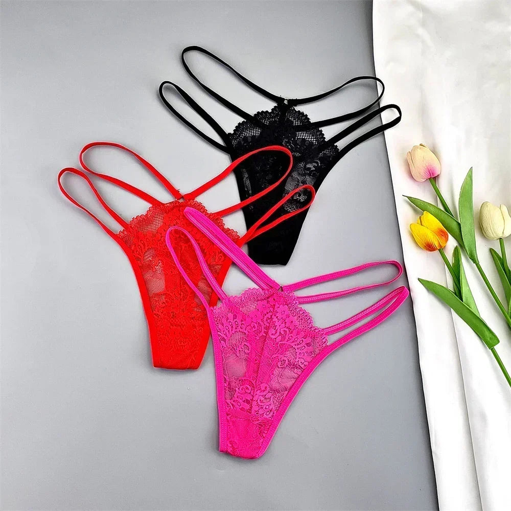 3 Stück Spitze Dünne Träger Tanga Frauen Tiefe Taille Sexy Perspektive Unterwäsche Damen Transparenter G-String Slip Plus Size T-Rücken