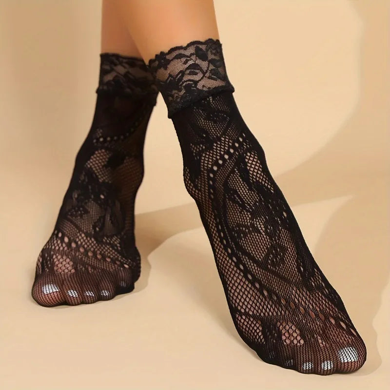 5 Paar Blumen-Spitzensocken Dünne Atmungsaktive Kurze Socken Sommer Netz Lolita Fischernetz Damenstrümpfe Strumpfwaren