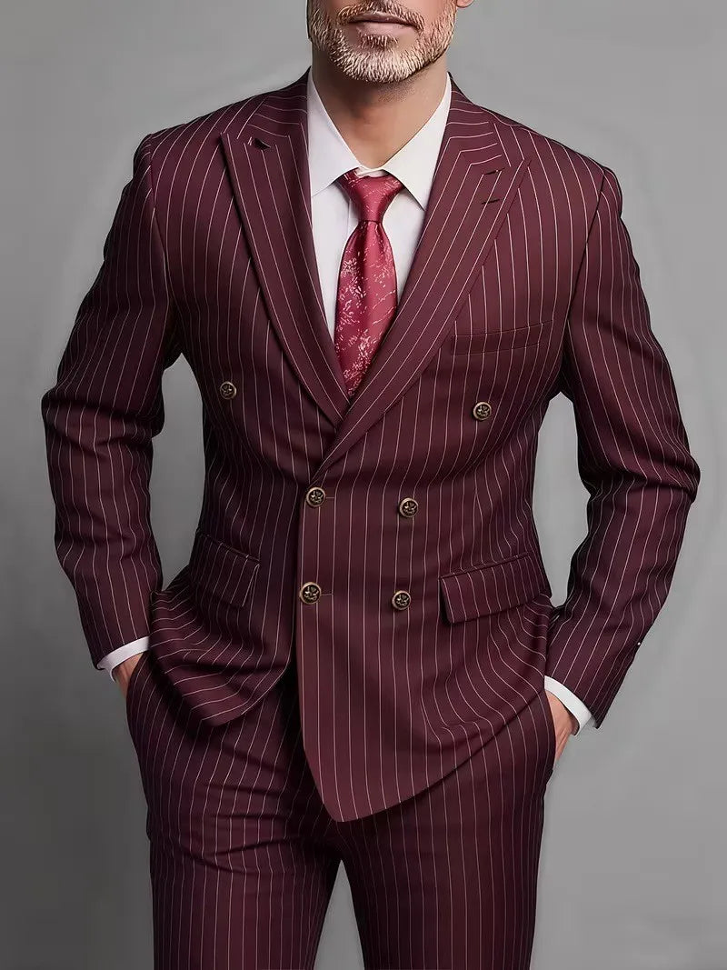 Herrenanzüge Herren Zweiteiliger Anzug Zweireihig Herren Modisches und Slim-fit Design Bräutigam Hochzeitsanzug Lässiger gestreifter Stoff