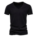 Frühling Sommer Baumwoll-T-Shirts Herren 2025 Schlichtes V-Ausschnitt Stretch Uni Neue Oberteile Kleidung Freizeit-T-Shirt Mann Streetwear Coole T-Shirts