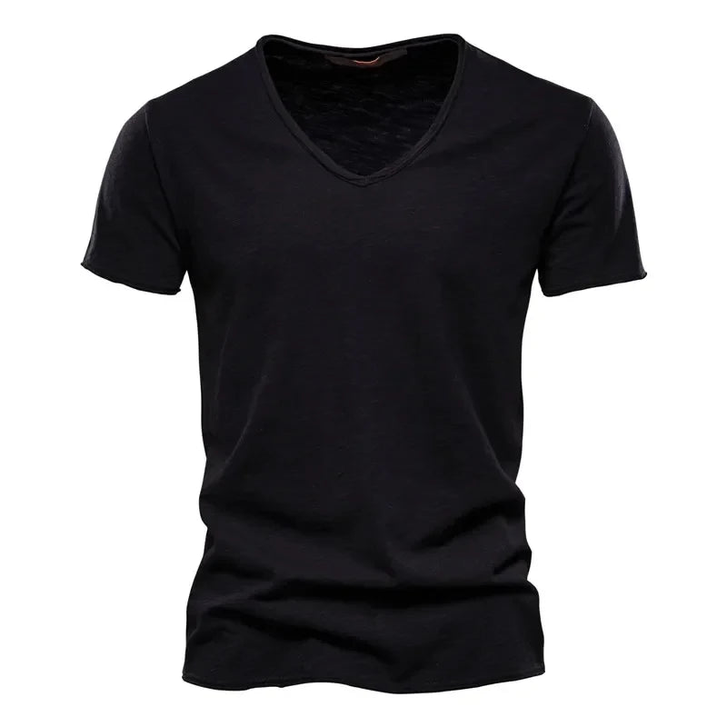 Frühling Sommer Baumwoll-T-Shirts Herren 2025 Schlichtes V-Ausschnitt Stretch Uni Neue Oberteile Kleidung Freizeit-T-Shirt Mann Streetwear Coole T-Shirts