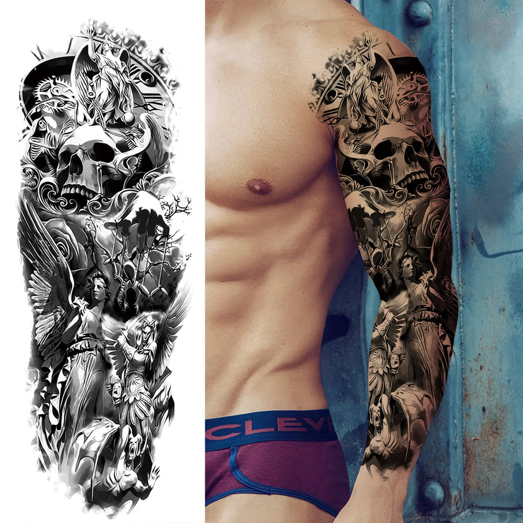 Kompass Roboterarm Temporäre Tattoos Ärmel für Männer Frauen Realistische Gefälschte Totenkopf Engel Ganzarm Tattoos Maori Totem Tattoo Aufkleber
