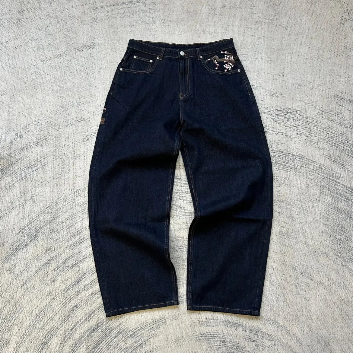 Vintage Low Waist Hip Hop Kirschblüten bestickte Jeans Weite Hose Y2K Kleidung Herren Damen Bestickte Baggy Jeans