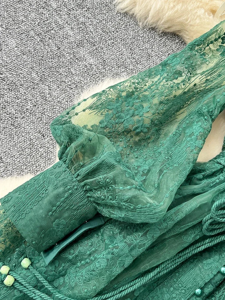 Frühlings-Herbst Französisches High-End Damenkleid Neue Spitze Stickerei V-Ausschnitt Laternenärmel Einreiher Party Geburtstagskleid C192
