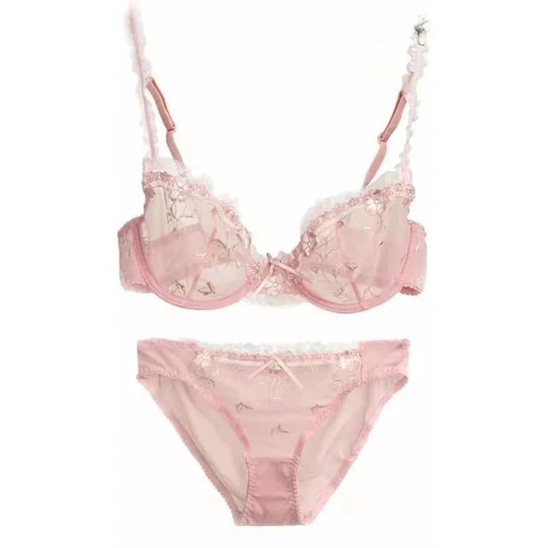 Französischer Minimizer-BH-Set | Große Größe, ungefüttert, Spitze, Halb-Cup, große Körbchen, dünn, Anti-Schwerkraft, transparenter Dessous-Set BANERDANNI BHs