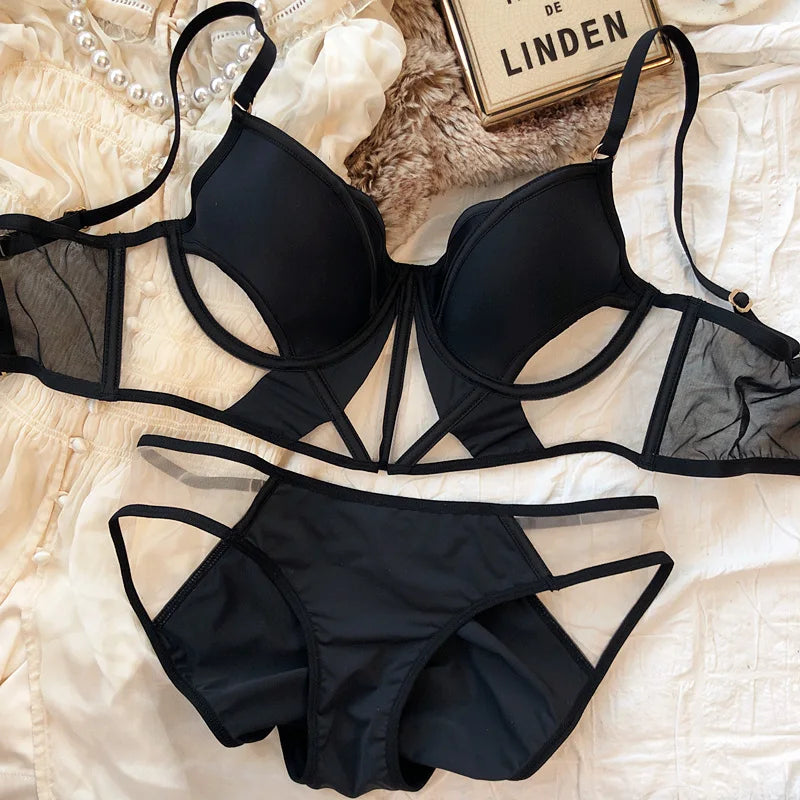 Französische Thin Cup Damen Dessous Set Sexy Hohle Spitze BH Set Sommer Mesh Komfort Atmungsaktive Unterwäsche Fischgrät Tops Intims