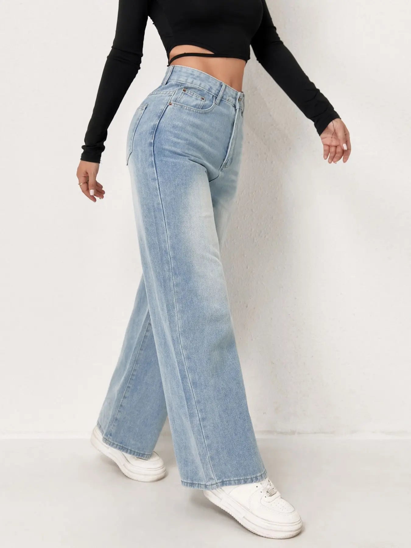 Europäische und N Trend Washed Blue Wide Leg Jeans Damen Jeans Damen Bequeme Mode All-Matching Trend Jeans