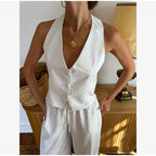 Elegantes Blumenmuster-Set Damen Square Neck Ärmelloses Rüschen-Top Schnürung Bodenlang Weite Hosenanzüge Lady Freizeit-Outfits