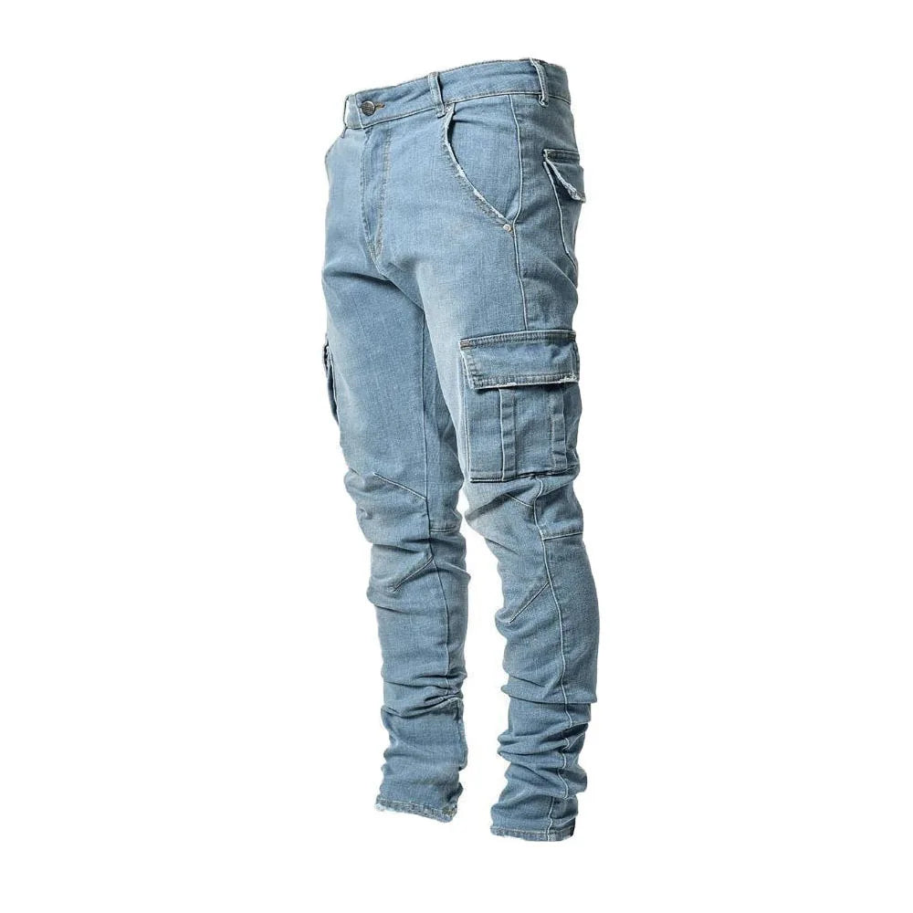 Men's street stretch denim jeans, washed solid color multi pocket work pants, casual slim fit, daily wear, jogging pants, mid wa