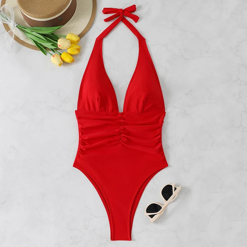 Neckholder-Badeanzug Damen Einteiler Bademode Damen 2026 Trend V-Ausschnitt Strandmode Weiblich Monokini Sommer Bodysuit