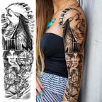 1 Sheet Full Arm Compass Zeus Skull Tiger Lion Flower Temporary Tattoos Sleeve For Men Women Adults Fake Temp Sticker Tattoo