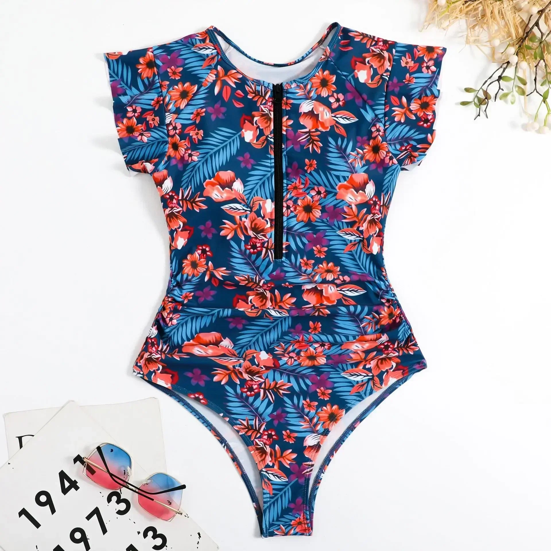 2024 Mode Kurzes Kleid Einteiliger Badeanzug Reißverschluss Badeanzug Sexy Bikini Damen Verdickte Bedruckte Badebekleidung Strandmode Sommer