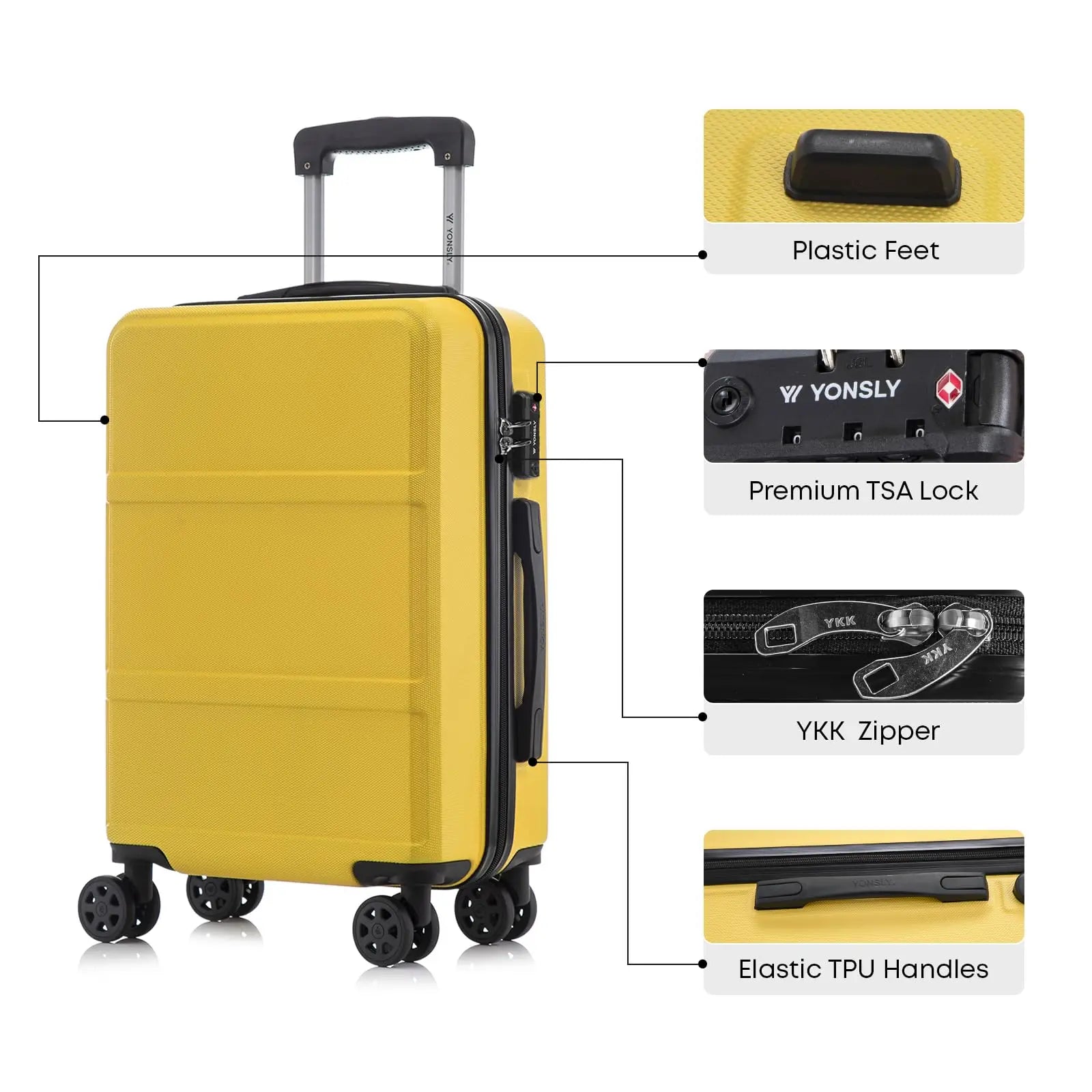 YONSLY Hartschalenkoffer 20/24/28 Zoll mit TSA-Schloss YKK-Reißverschluss 4 leise 360°-Rollen Netzfach Trolley Rollgepäck Handgepäck Koffer für Geschäftsreisen, Urlaube, Familienausflüge und Wochenendtrips