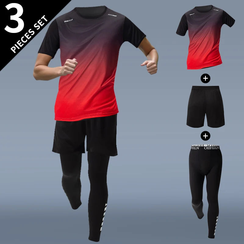 3-teiliger Herren-Sportanzug, schnelltrocknend, mit Farbverlauf, Freizeit-Sport, Laufen, kurze Ärmel, bequeme Sonnencreme, Hose, Joker-Shorts