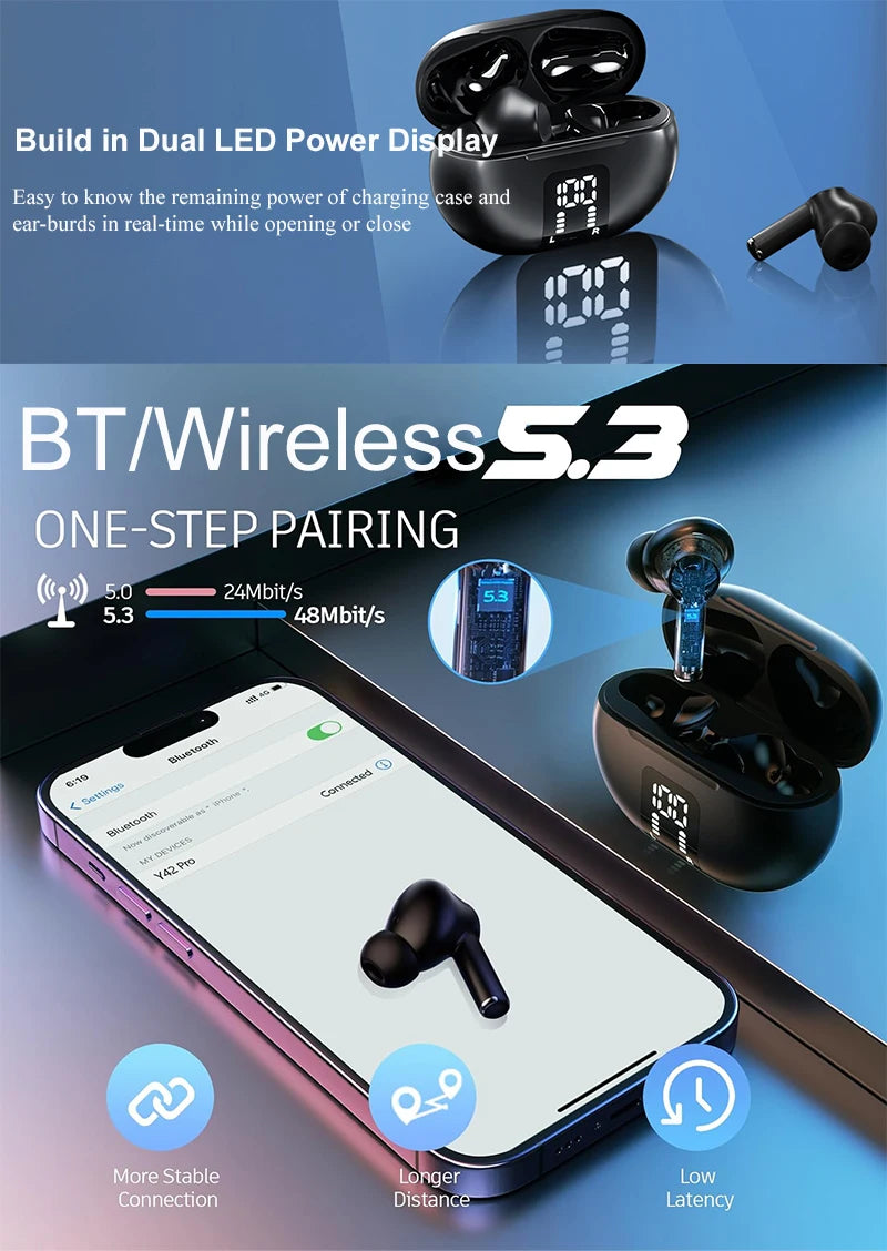 Kabellose Bluetooth 5.3 Kopfhörer 60 Std. Wiedergabezeit LED-Leistungsanzeige Ohrhörer Mikrofon Geräuschunterdrückung Stereo Sound Earphones