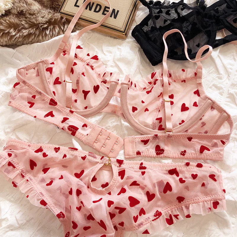 Neues Dessous-Tangas-Set, sexy, ultradünner transparenter BH, Damen-Bügel-Push-up-BH-Set, sommerliche, romantische Pfirsichherz-Unterwäsche