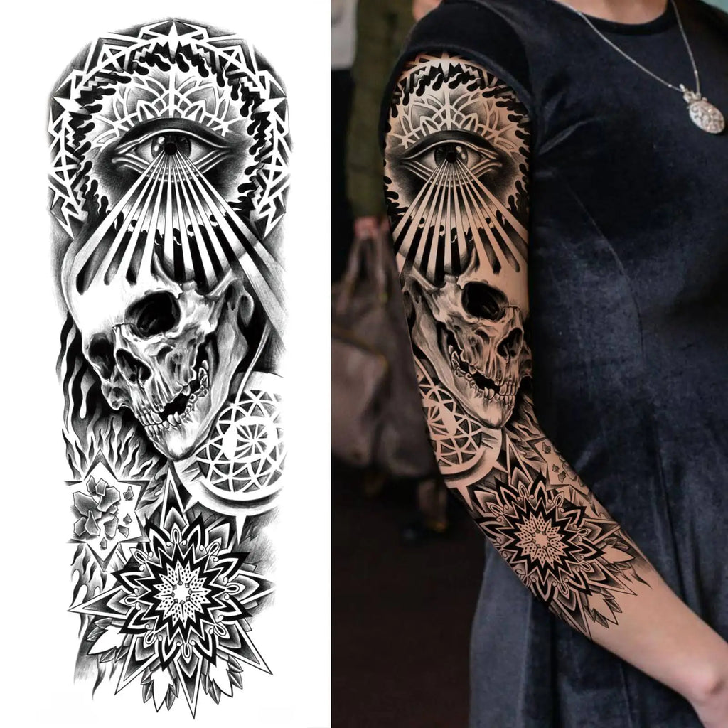 1 Sheet Full Arm Compass Zeus Skull Tiger Lion Flower Temporary Tattoos Sleeve For Men Women Adults Fake Temp Sticker Tattoo