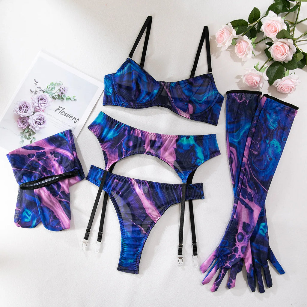 Sexy Perspektive Brustraffer Bedruckter Dessous-Set mit Handschuhen und Bein-Set für Damen, fünfteiliges Set, Damen Fun-BH- & Slip-Sets
