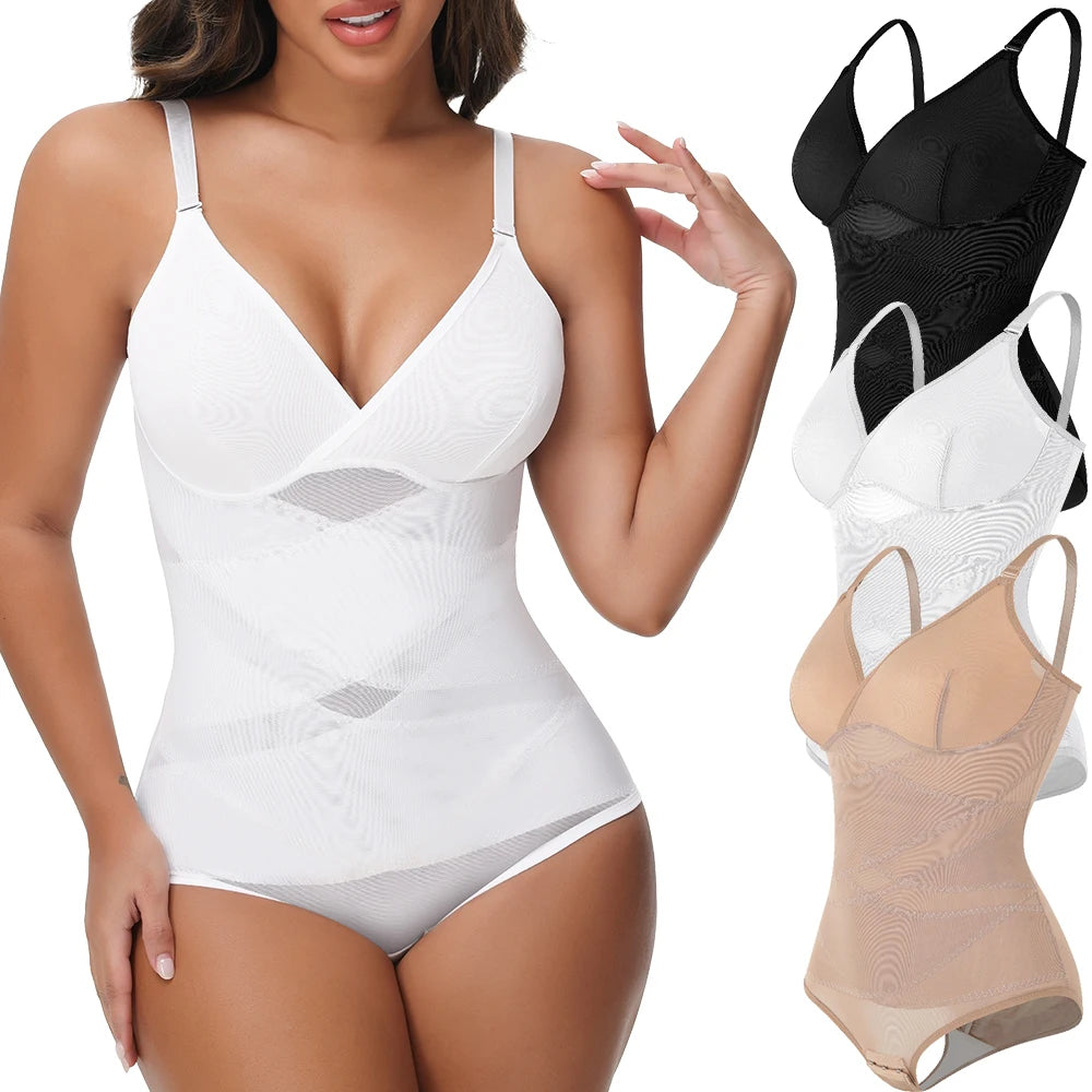 Cross Waist Tummy Control Body Shaping Bodysuit für Damen Ganzkörperkontrolle V-Ausschnitt Mesh Atmungsaktiver Slip Unterwäsche Po-Former