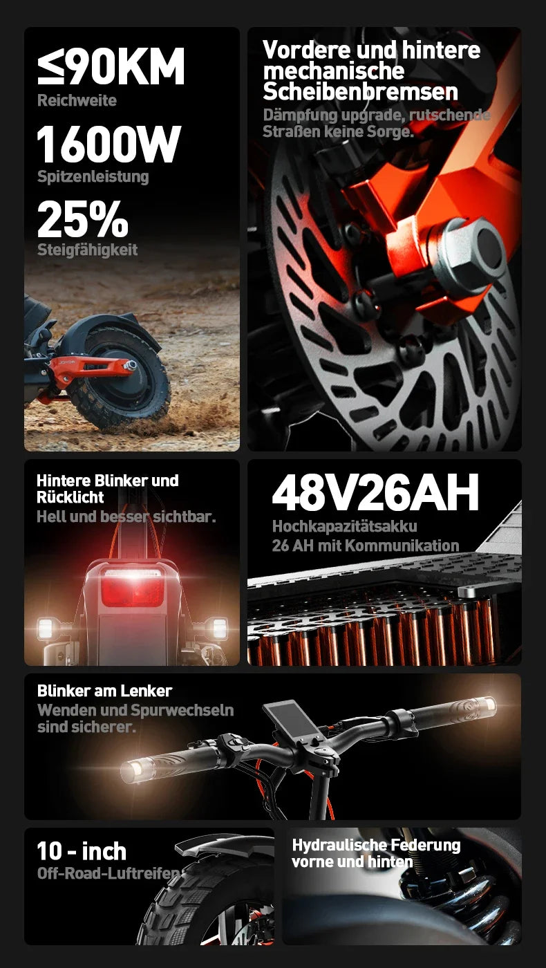 JOYOR T6E PRO ABE Erwachsenen-Elektroroller 500W Motor 48V26AH Akku E-Mountain Escooter 10" Offroad-Reifen Faltbarer E-Scooter