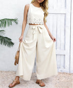 Damen beiges 2-teiliges Set ärmelloses Crop-Top und weite Hose Frühling Sommer Freizeit Pendler Urlaubsoutfit