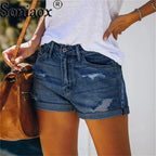 2024 Sommer neue Damen-Crimp-Knopfleiste Stretch Sexy Loch Jeans-Shorts High Waist Skinny Streetwear Trendige Ripped Denim-Shorts