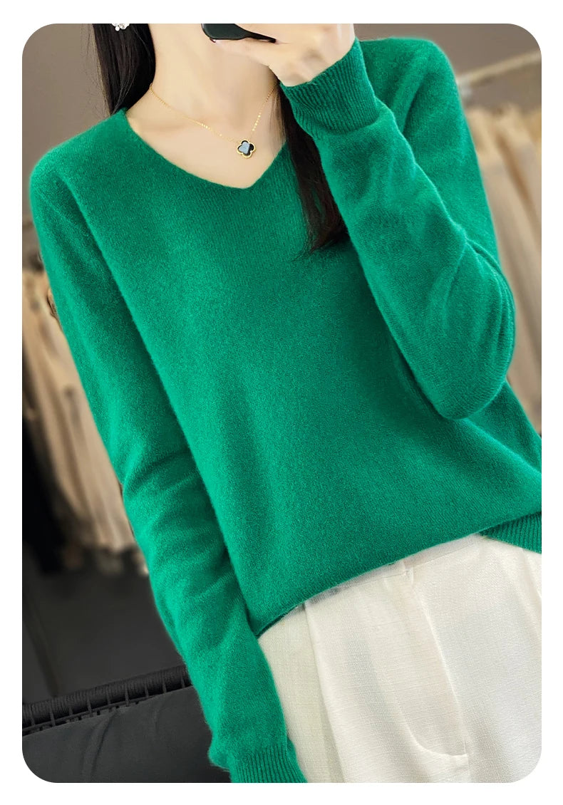 Damen 100% Merinowolle Pullover V-Ausschnitt Basic Pulli Herbst Winter Kaschmir Kleidung Langarm Weiche Strickware Oberteile Unifarben