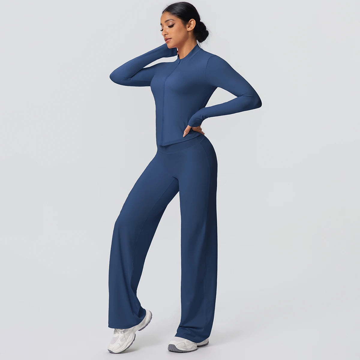 2-teiliges schnelltrocknendes Sport-Fitness-Bekleidung Yoga-Set Damen Yoga Reißverschluss Langarm High Waisted atmungsaktive weite Hose Set