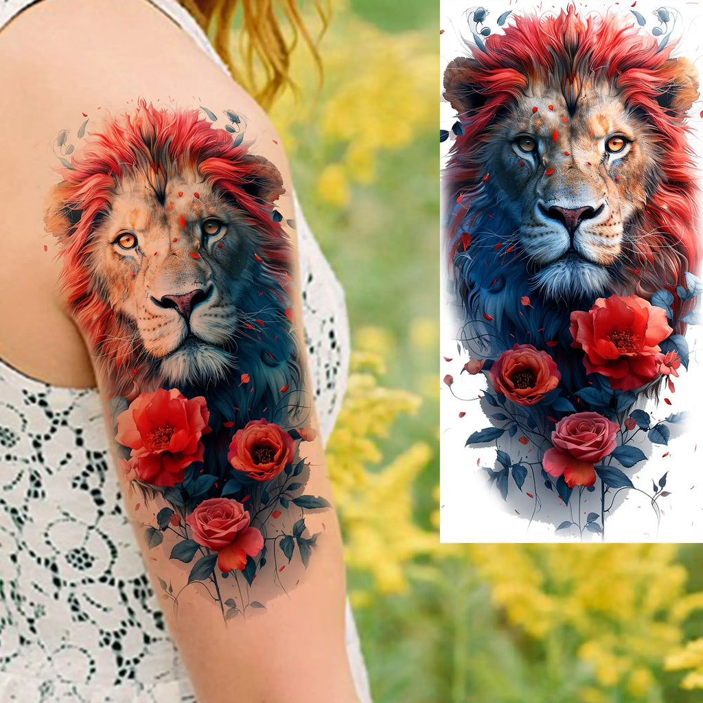 1 Blatt einzigartige Aquarell-Löwe-Tiger-Tier-Temporäre Tattoos langanhaltend wasserdicht Fuchs Eule gefälschter Tattoo-Aufkleber Körperkunst Tattoo