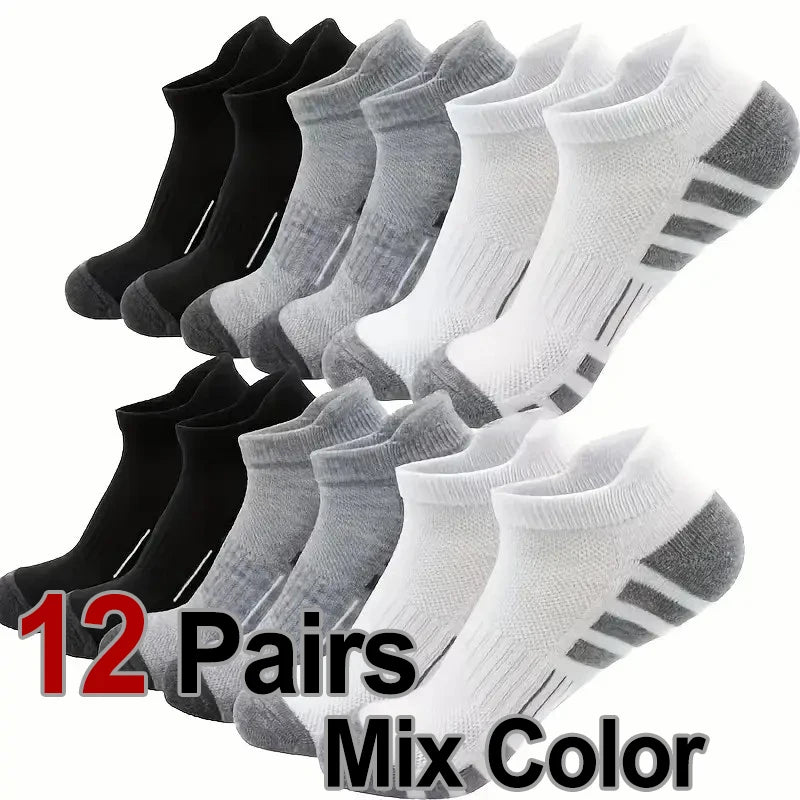 12 Pairs Men Breathable Sports Ankle Socks Arch Support Design for All Seasons Comfortable Durable Running Fitness Casual Socks