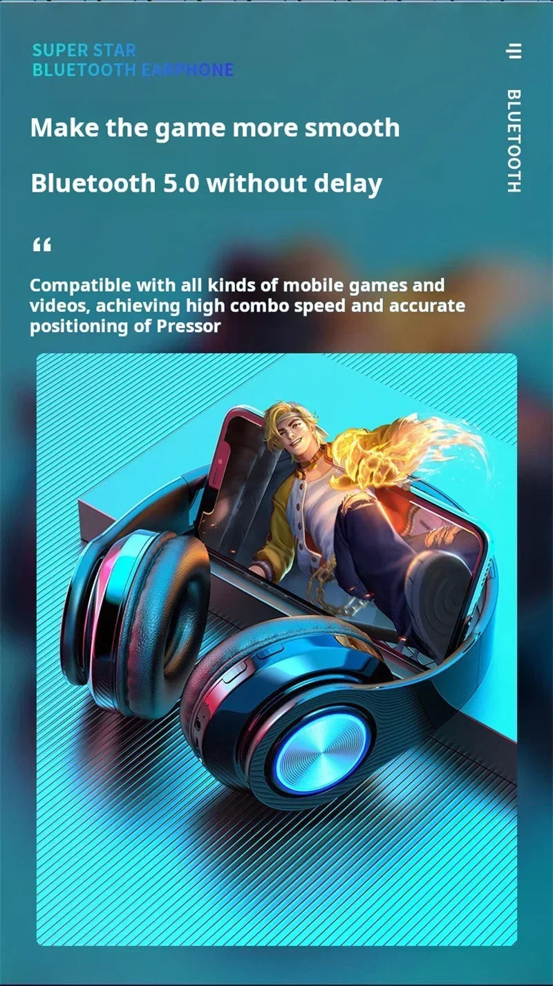 Headsets Gamer Kopfhörer Bluetooth Surround Sound Stereo Kabelloser Kopfhörer USB mit Mikrofon Buntes Licht PC Laptop Headset