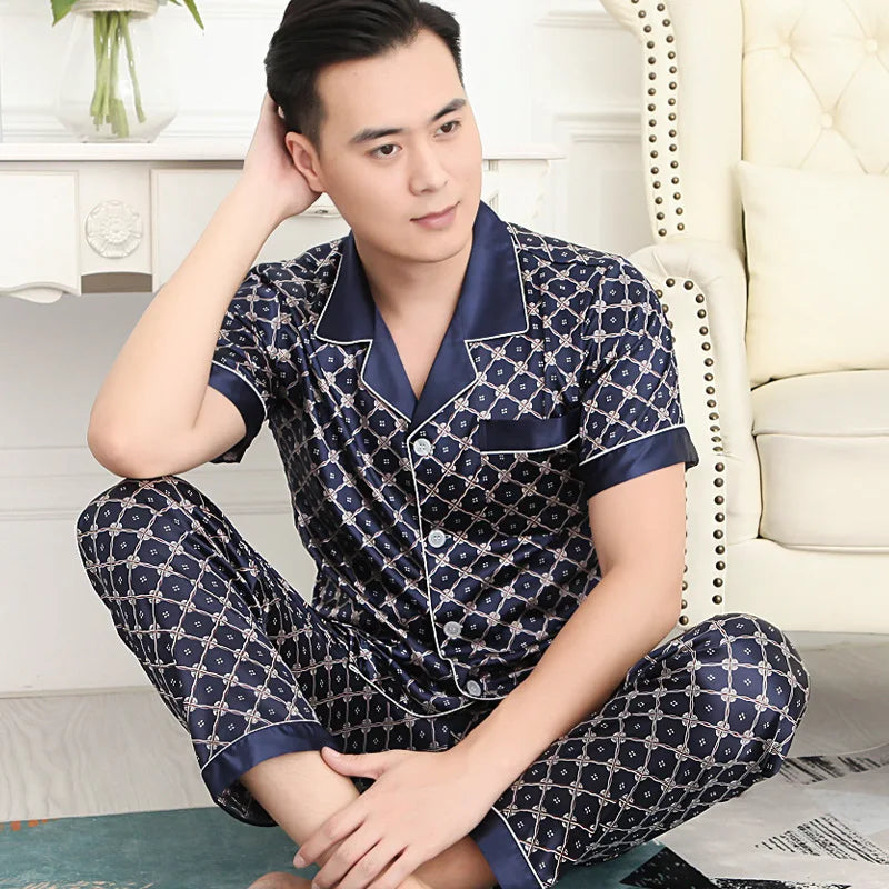 Hochwertiges Pyjama-Set Herren Frühling Herbst Dünn Polyester Eisseide Langarm Schlafanzug Übergröße Sommer Hauskleidung Männlich