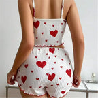 5 Größen zur Auswahl: S M L XL 2XL Damen-Pyjama-Set Träger-Nachtwäsche Top + Shorts Rot Herz-Print Nachtwäsche Sexy Dessous
