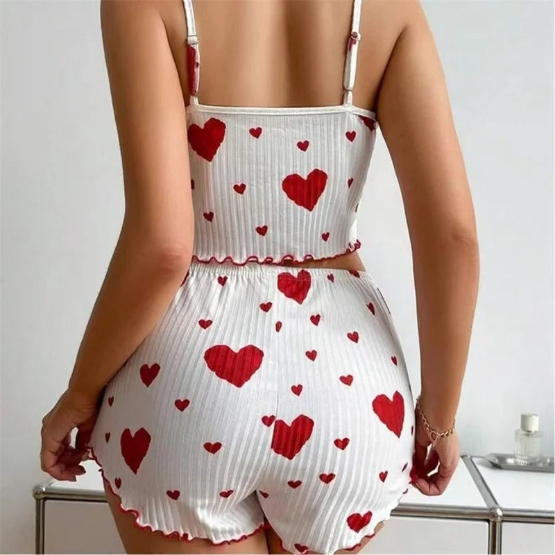 5 Größen zur Auswahl: S M L XL 2XL Damen-Pyjama-Set Träger-Nachtwäsche Top + Shorts Rot Herz-Print Nachtwäsche Sexy Dessous