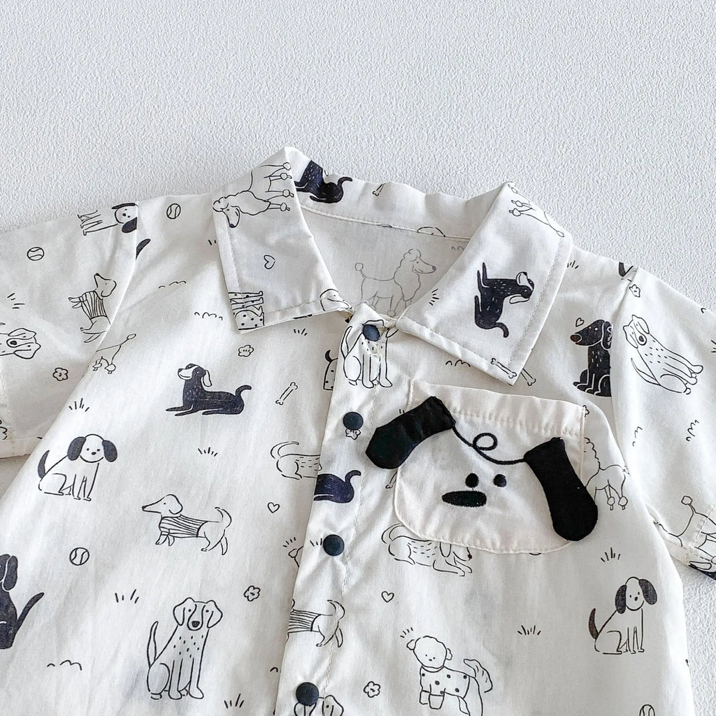 0-2Y Sommer Baby Jungen Kleidung mit Hundemuster, Einreihig, Kleinkind Strampler, Kurzarm, Süßes Baby Jungen Outfit