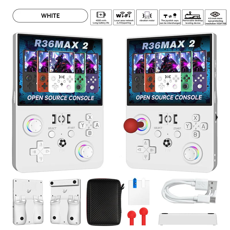 2026 Aktualisierte R36MAX2 Retro-Handheld-Spielkonsole 4,5 Zoll HD-Bildschirm 1024*768 Open Source Tragbarer Taschen-Videospiel-Player