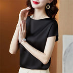 Office Lady Tops Sommer Kurzarm O-Ausschnitt Blusen Satinbluse Damenhemden Einfarbig Schlicht Leger Locker Hemd Blusen DF4904