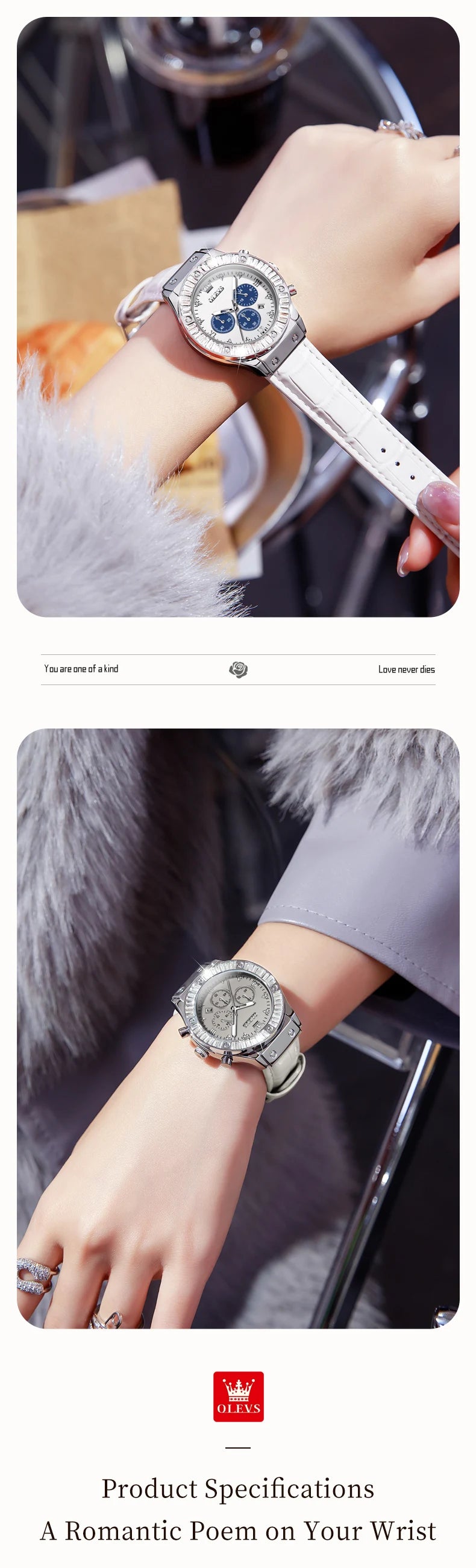 OLEVS 9978 Damenuhr, multifunktionale Quarzuhr, wasserdicht, leuchtendes Lederarmband, elegante modische Uhren für Damen, Geschenke