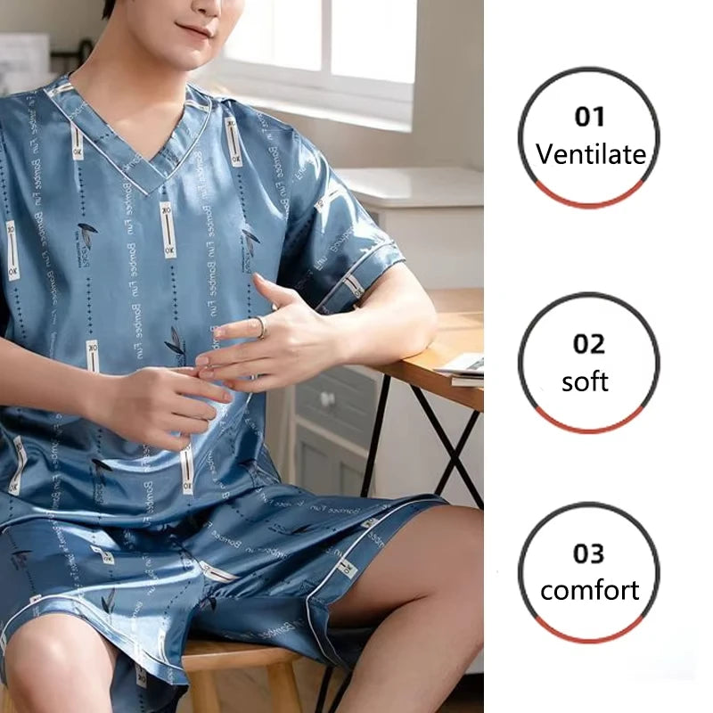 Pyjama Herren Eis Seide Dünn Kurzarm Zweiteiler Koreanische Version des lockeren Herren-Hausanzugs in Übergröße mit Buchstaben