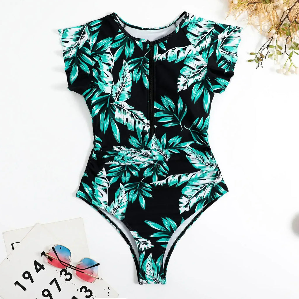 2024 Mode Kurzes Kleid Einteiliger Badeanzug Reißverschluss Badeanzug Sexy Bikini Damen Verdickte Bedruckte Badebekleidung Strandmode Sommer