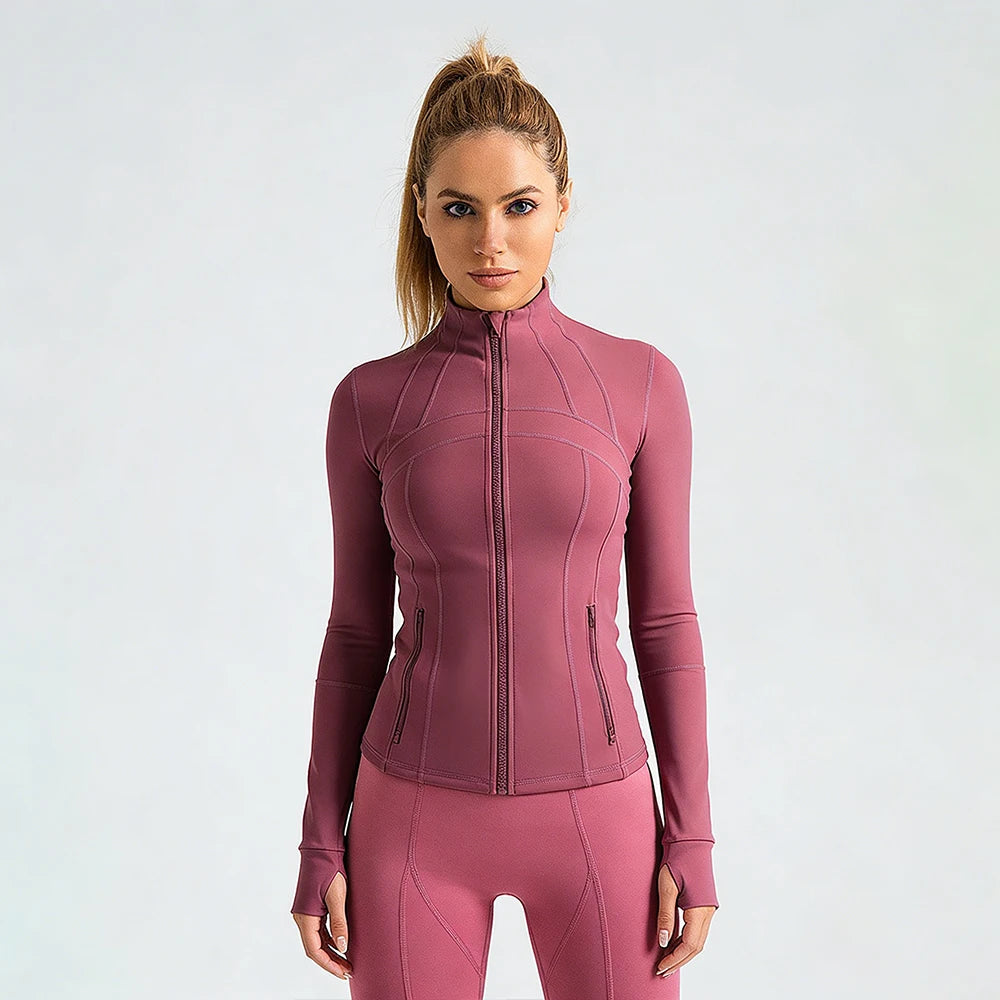Women's Full-Zip Long Sleeve Yoga Jacket – Slim Fit Workout Jacket with Thumb Holes & Side Pockets, 5 Colors Available