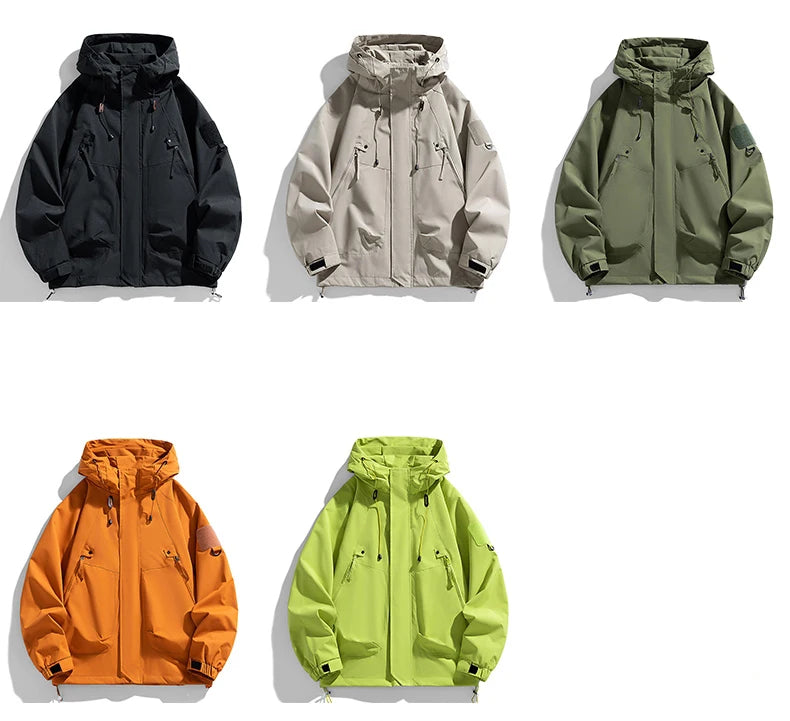 Windbreaker Herren Kapuzenjacke Reißverschluss Mantel Cargo Wasserdicht Schwarz Bomber Camping Loose Dünn Softshell Kapuzen-Wanderjacke
