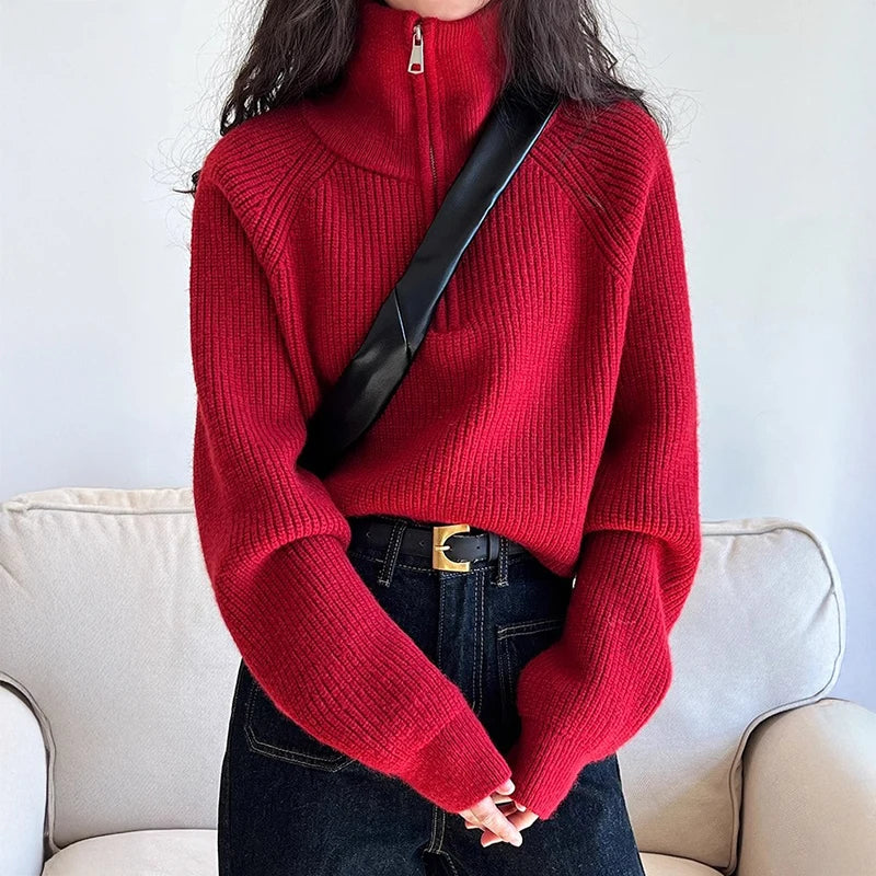 Damen Half-Zip Kragen Pullover Weicher Strick Langarm Kurzer Pulli Herbst Winter Teenager-Mädchen Koreanisches Mode-Outfit