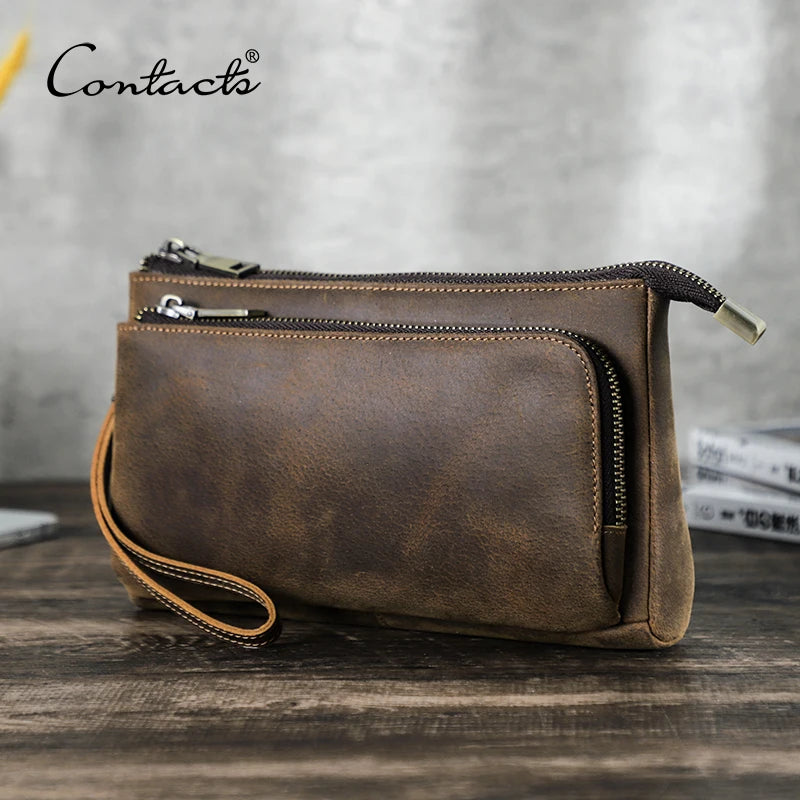 CONTACT'S Genuine Leather Men Clutch Bag Design Handbag Long Wallet Male Purse Travel Charge Storage Bag Cable Organizer Main image