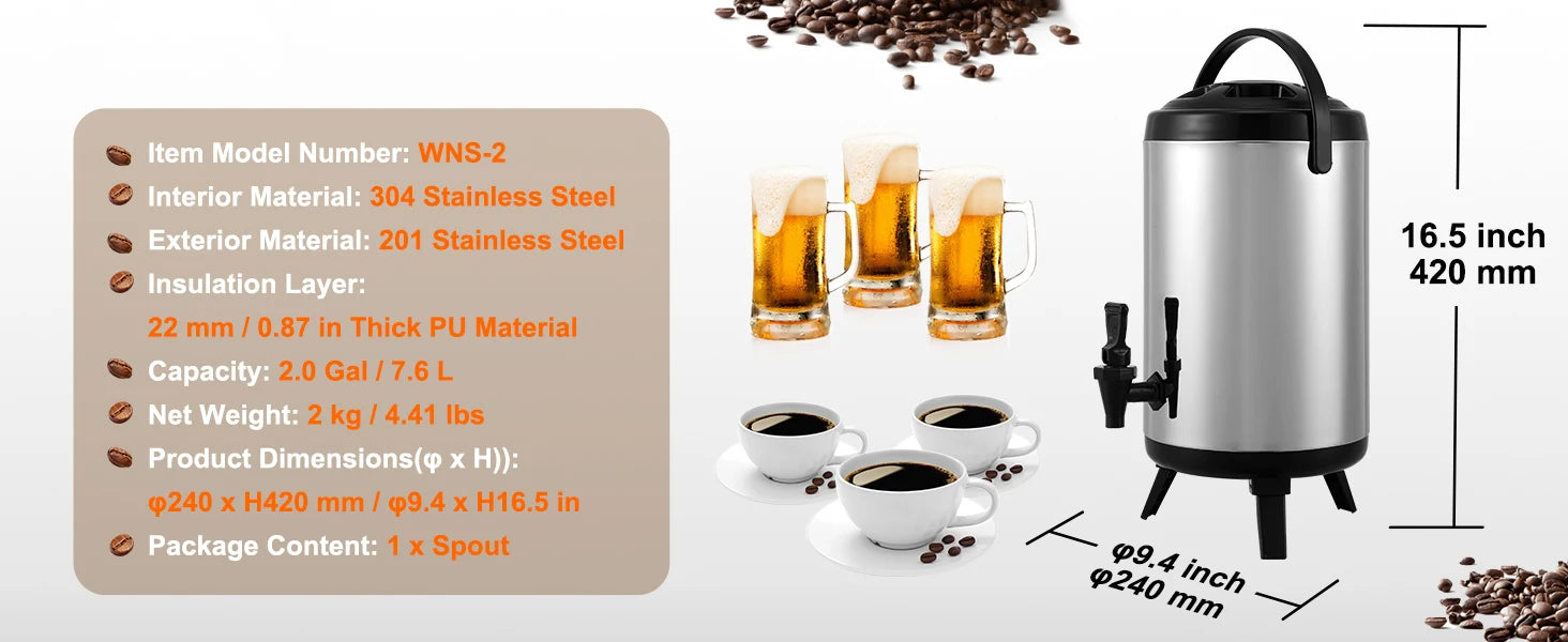SucceBuy Edelstahl Isolierter Getränkespender 7,6 Liter Thermos-Heiß- und Kaltgetränkespender