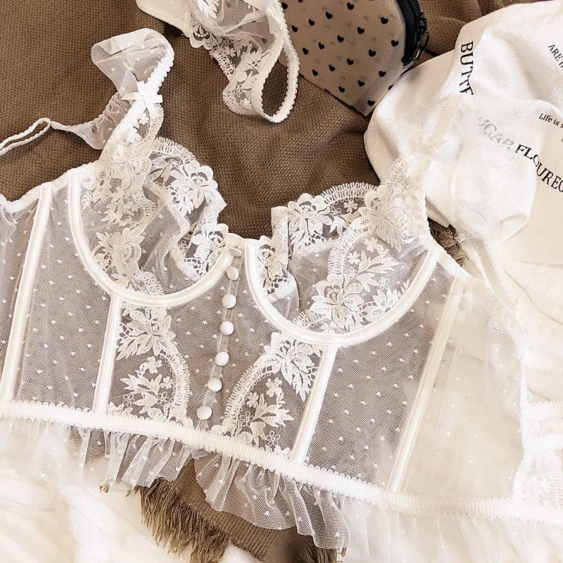 Heißer Verkauf Französisches sexy Dessous-Set für Damen, ultradünner transparenter BH und Höschen-Set, besticktes Spitzen-Form-Camisole-Unterwäsche-Set