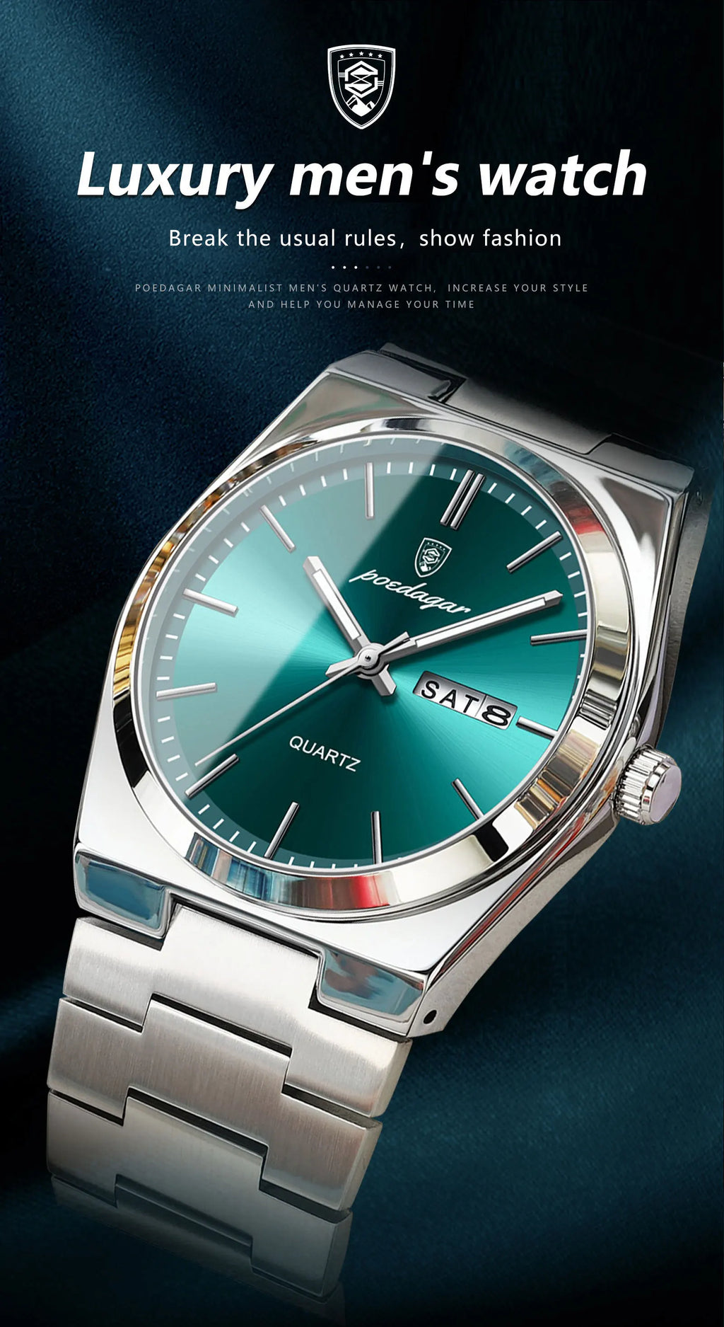 POEDAGAR Luxus Herrenuhren Wasserdicht Leuchtende Datumsanzeige Wochentag Herrenuhr Edelstahl Casual Mode Quarz Herren Armbanduhr Reloj